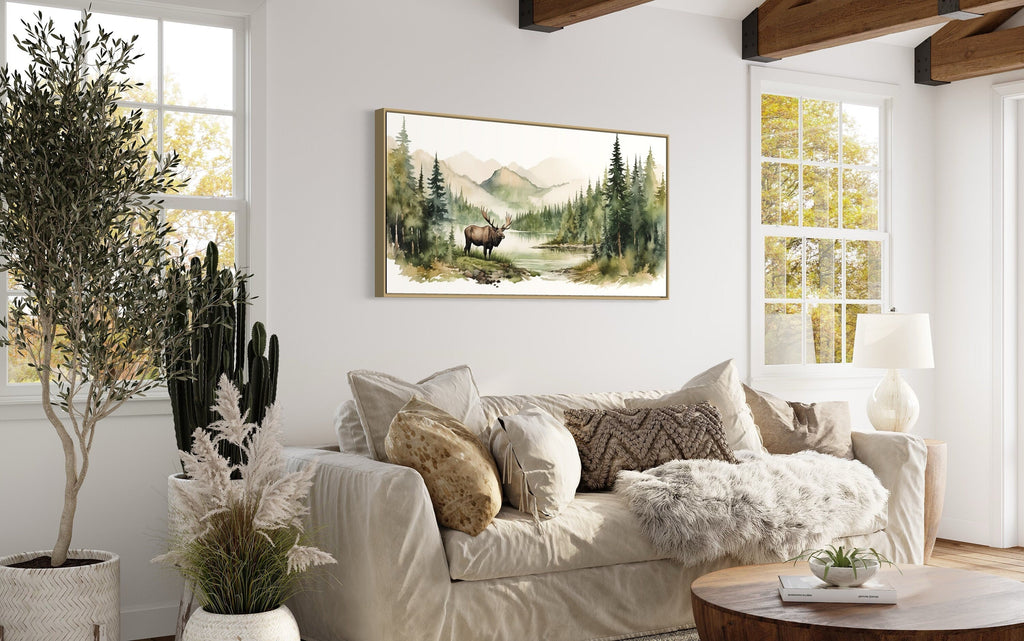 Moose Wall Art - Framed Canvas Print | Serene Mountain Landscape Wildlife Decor