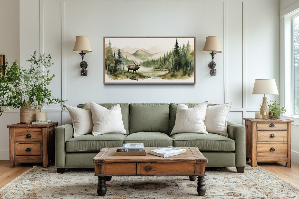 Moose Wall Art - Framed Canvas Print | Serene Mountain Landscape Wildlife Decor