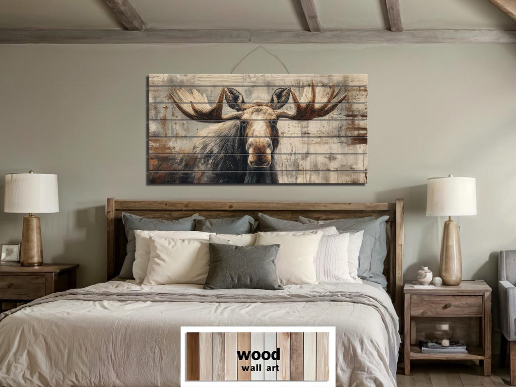 Moose Wall Art - Rustic Cabin Decor Distressed Wood Print | Wildlife Wood Panel