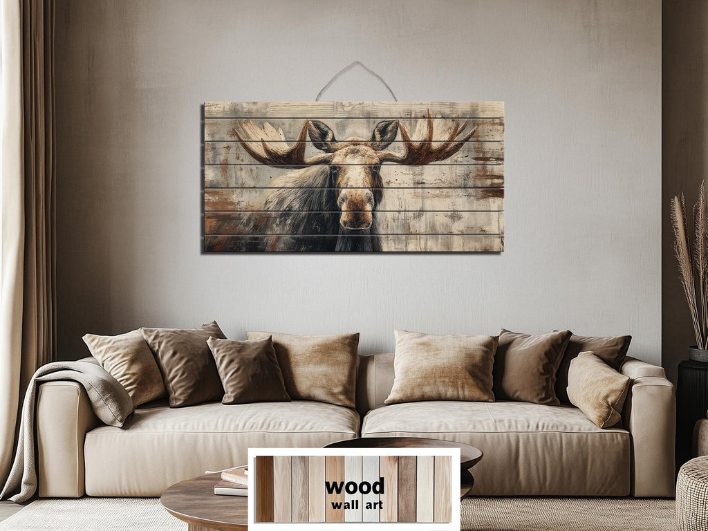 Moose Wall Art - Rustic Cabin Decor Distressed Wood Print | Wildlife Wood Panel