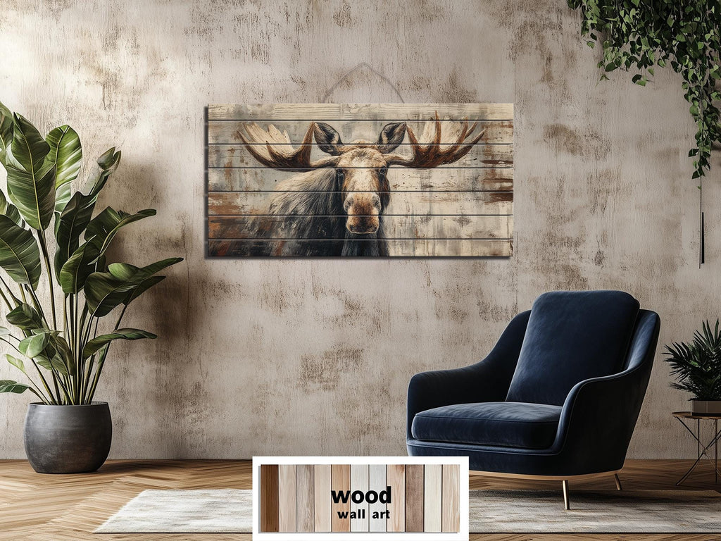 Moose Wall Art - Rustic Cabin Decor Distressed Wood Print | Wildlife Wood Panel