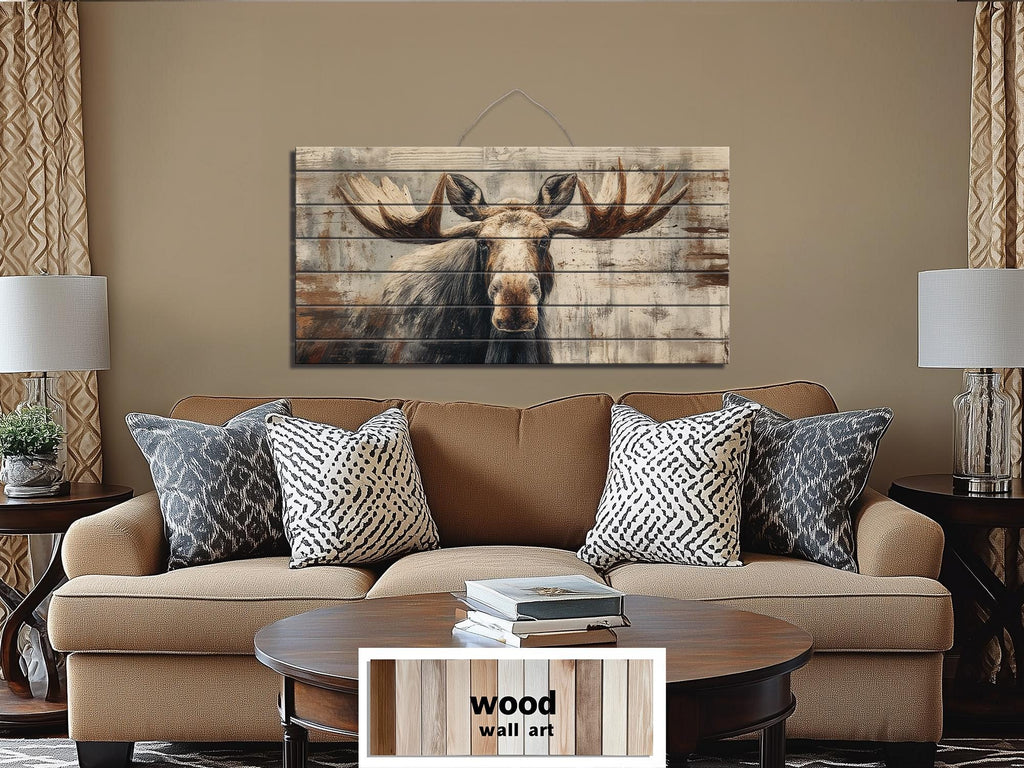 Moose Wall Art - Rustic Cabin Decor Distressed Wood Print | Wildlife Wood Panel