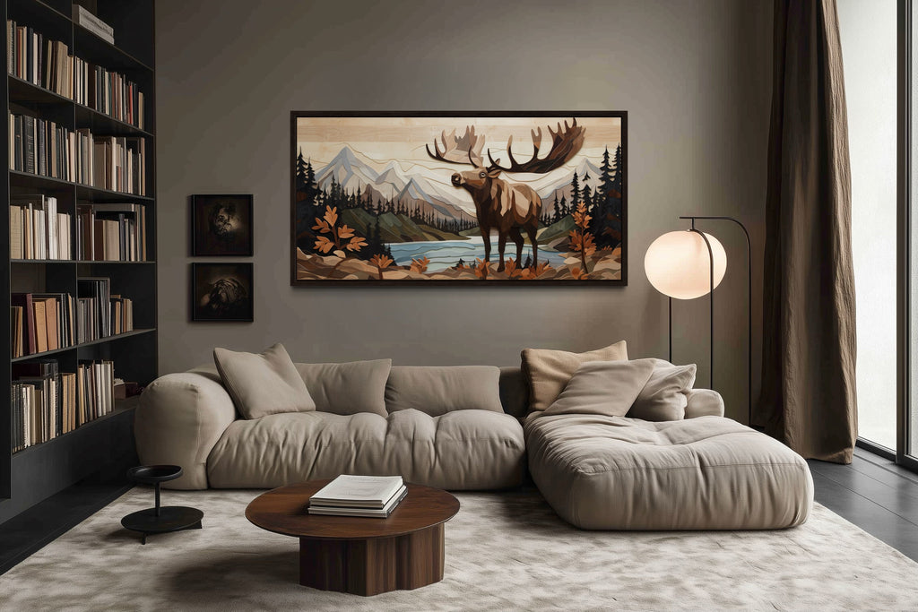 Moose Wall Art - Rustic Wood Panel Framed Canvas for Mountain Lodge Decor