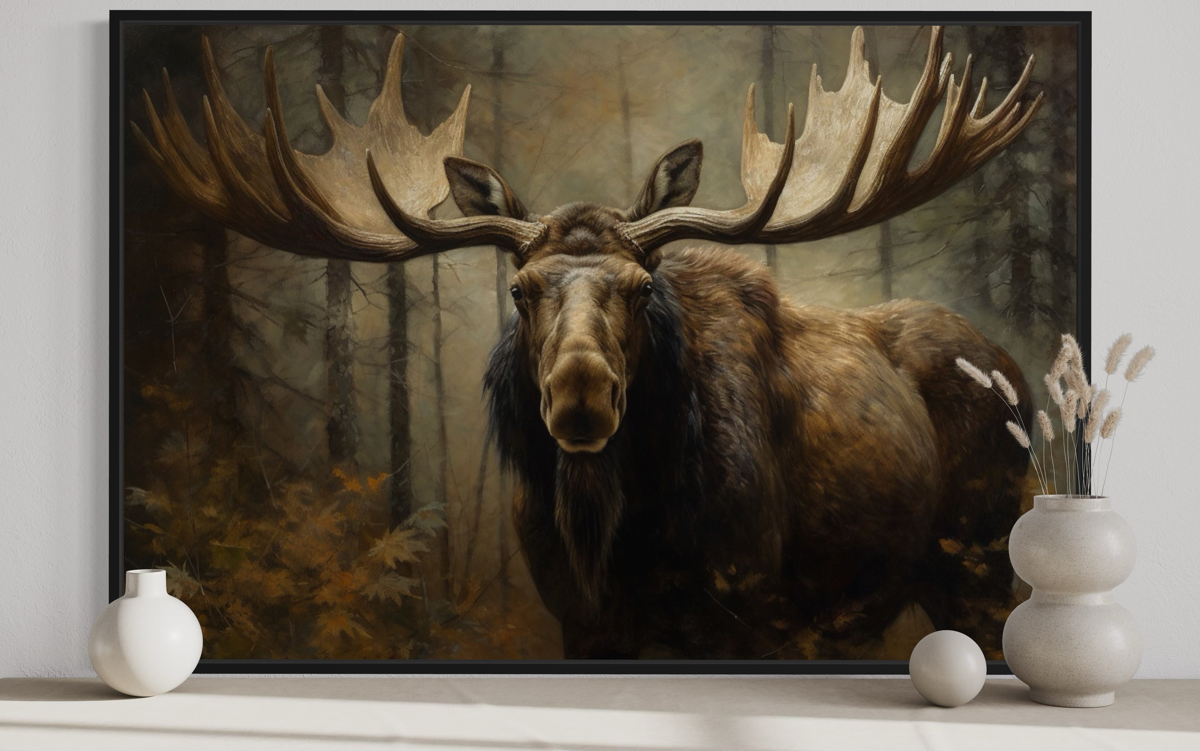 Moose With Big Antlers In The Forest Framed Canvas Wall Art
