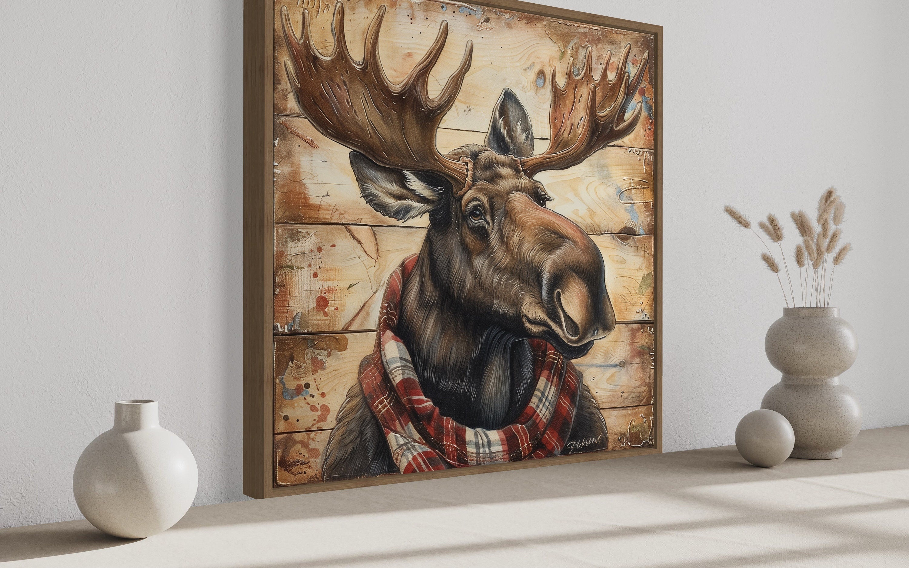 Moose With Red Scarf Painting on Weathered Wood Canvas Print