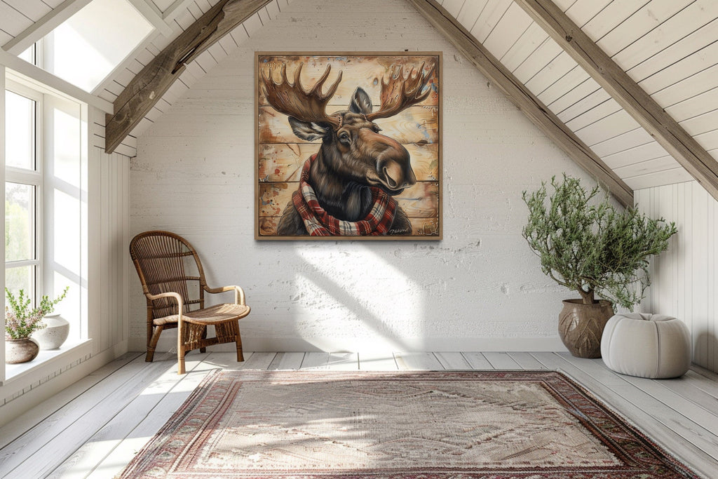 Moose With Red Scarf Painting on Weathered Wood Canvas Print
