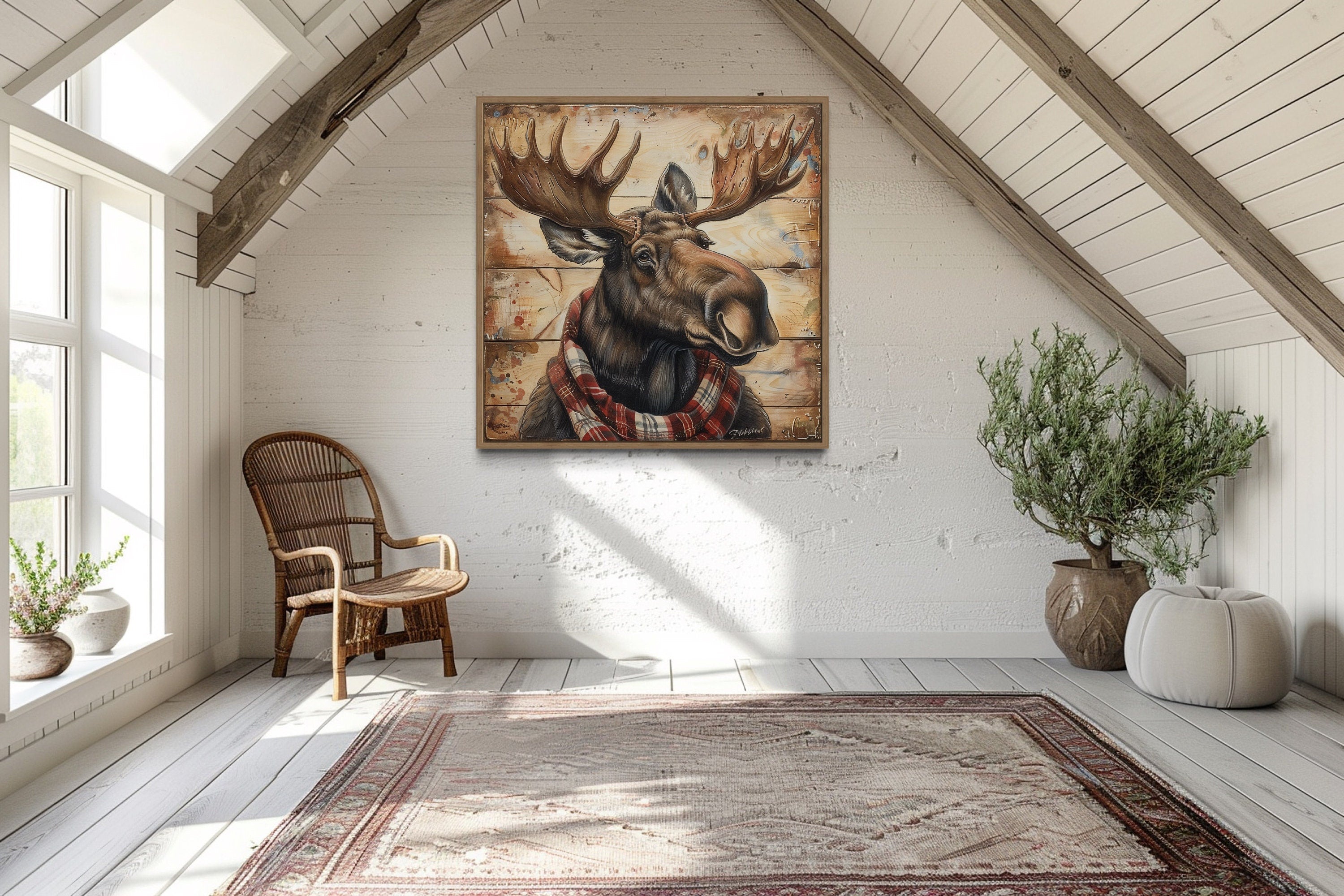 Moose With Red Scarf Painting on Weathered Wood Canvas Print