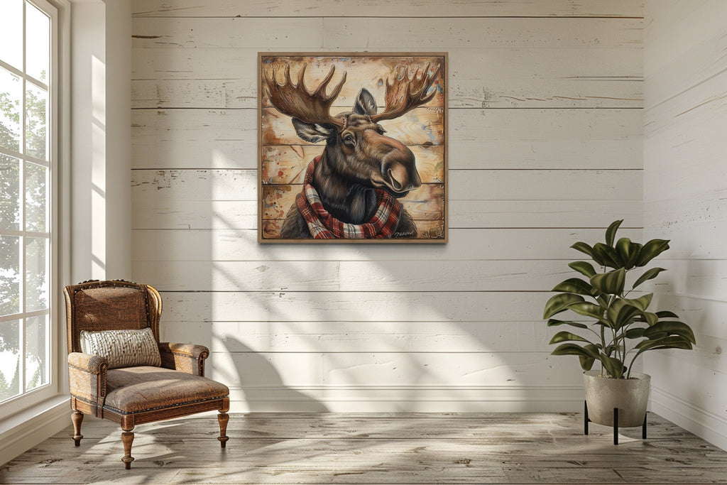 Moose With Red Scarf Painting on Weathered Wood Canvas Print