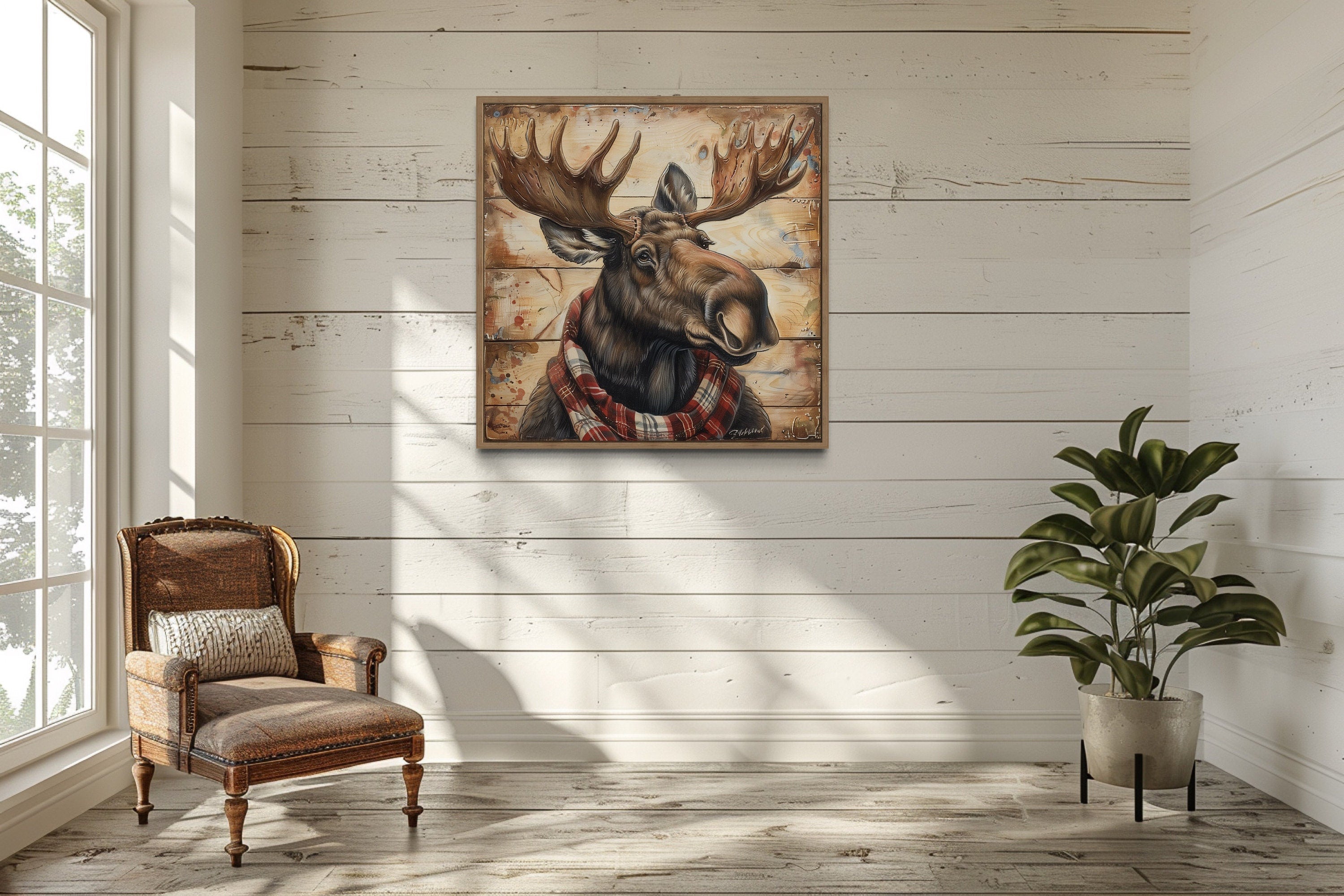 Moose With Red Scarf Painting on Weathered Wood Canvas Print