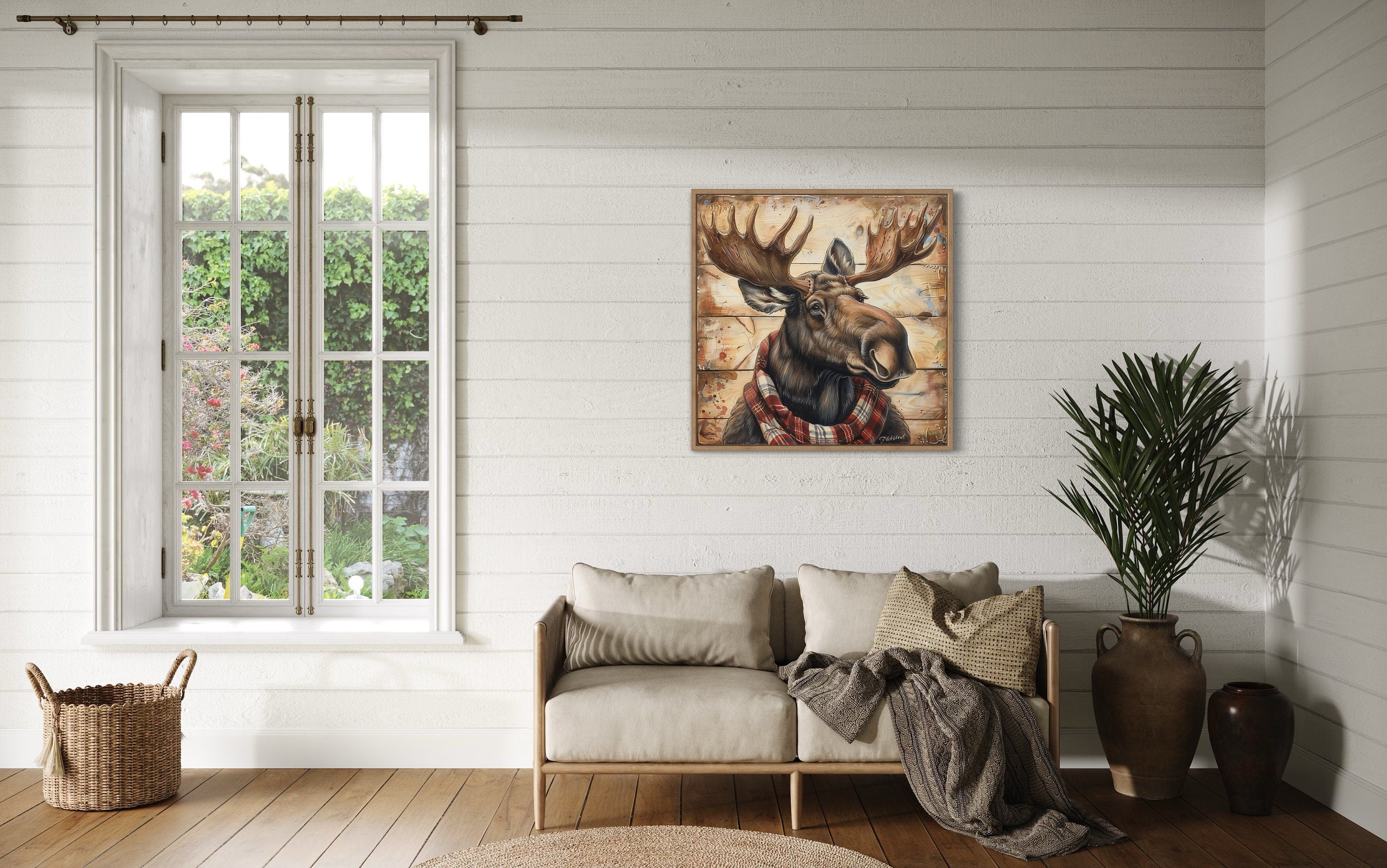Moose With Red Scarf Painting on Weathered Wood Canvas Print