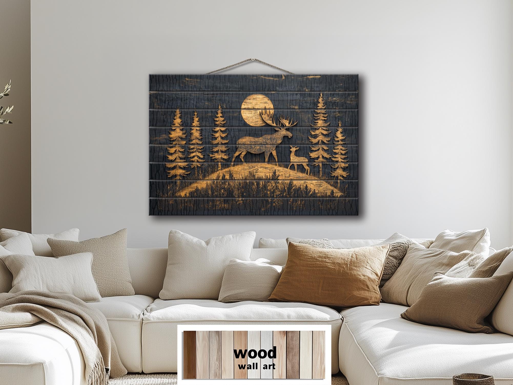 Moose and Calf Under Moonlight At Night In Pine Forest Rustic Wood Wall Art For Cabin Decor