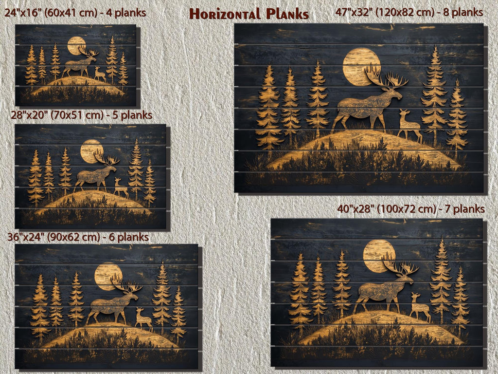 Moose and Calf Under Moonlight At Night In Pine Forest Rustic Wood Wall Art For Cabin Decor