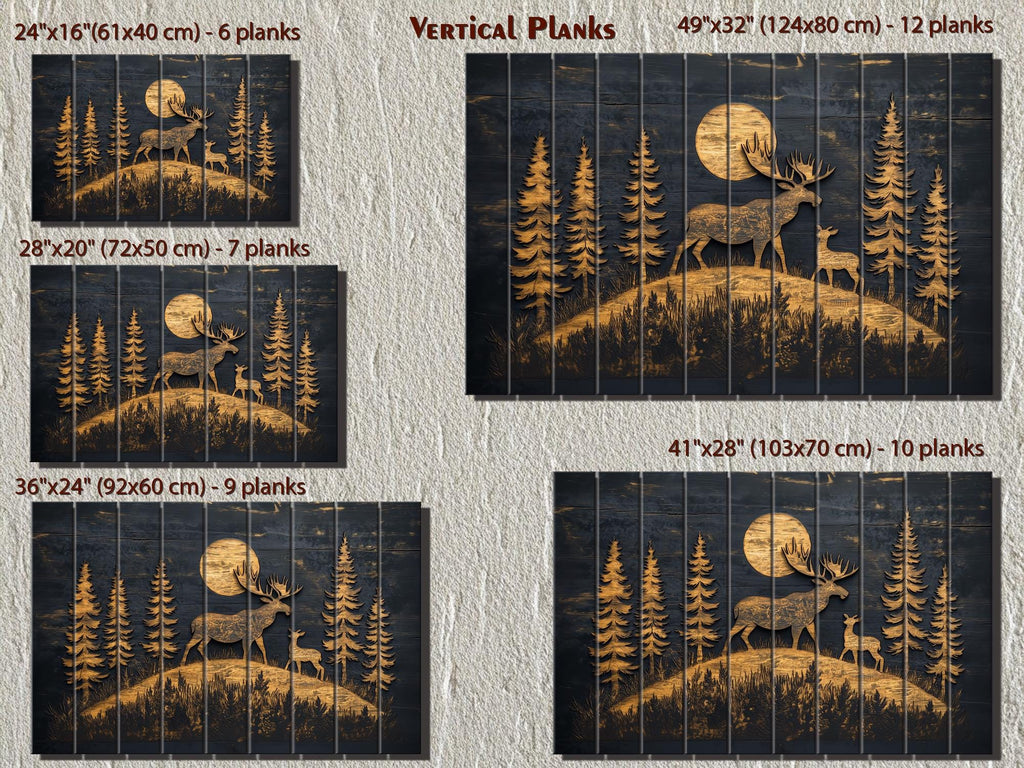Moose and Calf Under Moonlight At Night In Pine Forest Rustic Wood Wall Art For Cabin Decor
