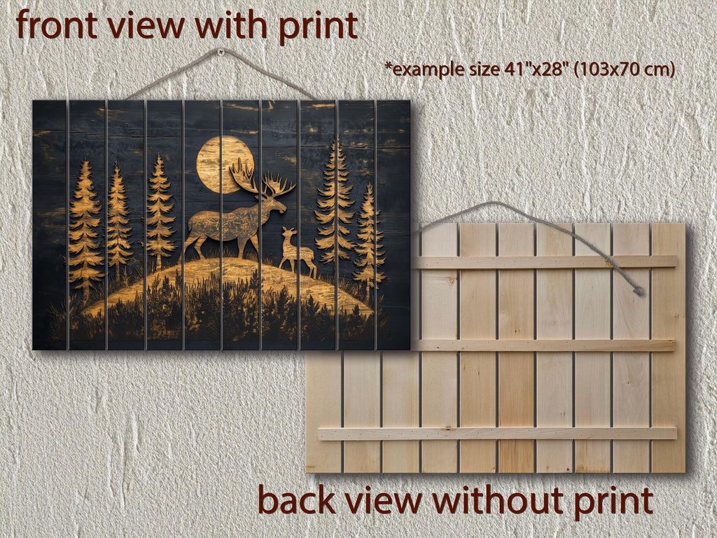 Moose and Calf Under Moonlight At Night In Pine Forest Rustic Wood Wall Art For Cabin Decor