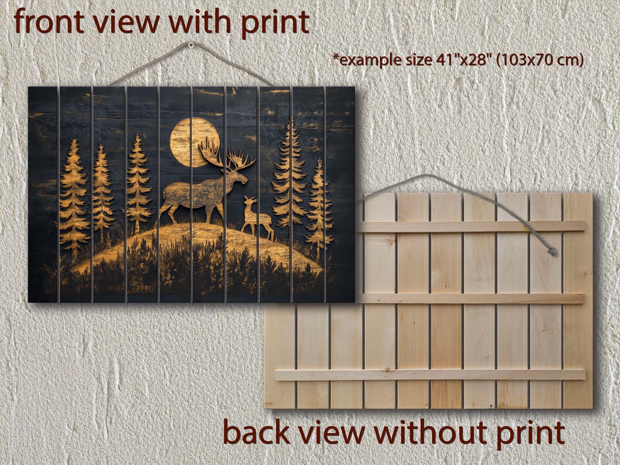 Moose and Calf Under Moonlight At Night In Pine Forest Rustic Wood Wall Art For Cabin Decor