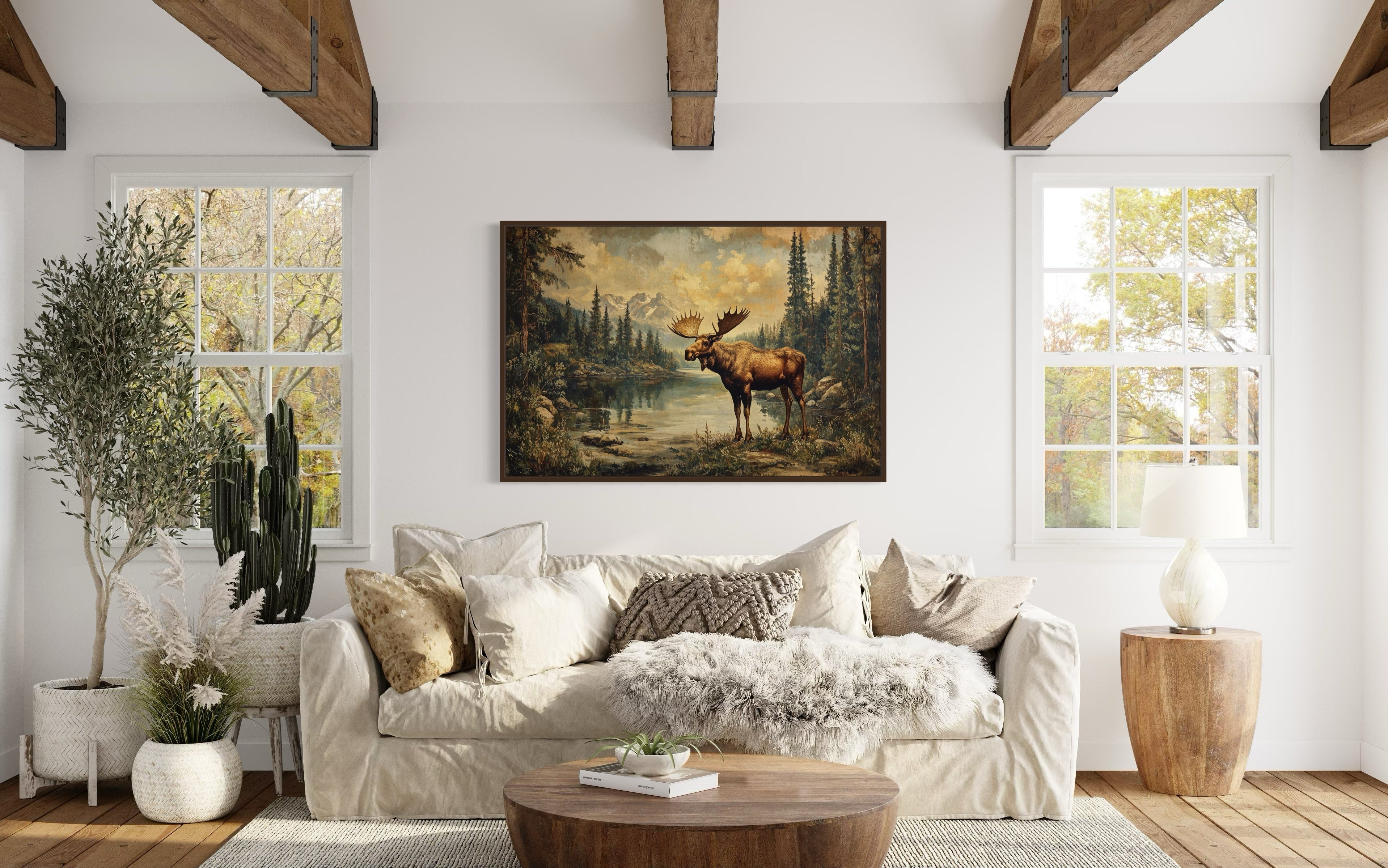 Moose in Mountain Wilderness Vintage Framed Canvas Wall Art