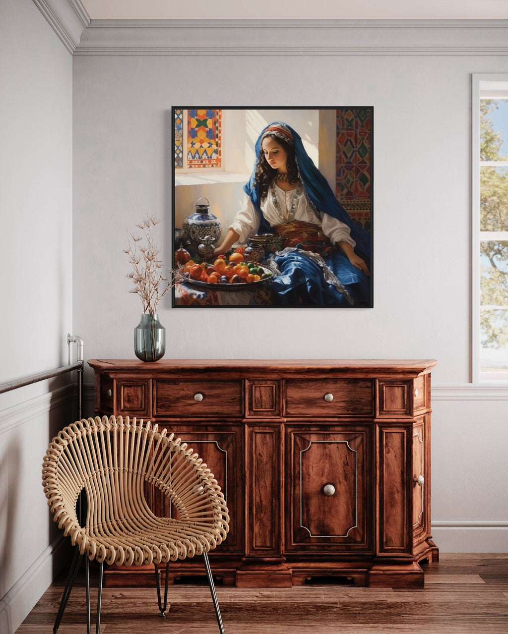 Moroccan Woman Wall Art - Colorful Fruit Canvas | Rustic Kitchen Decor