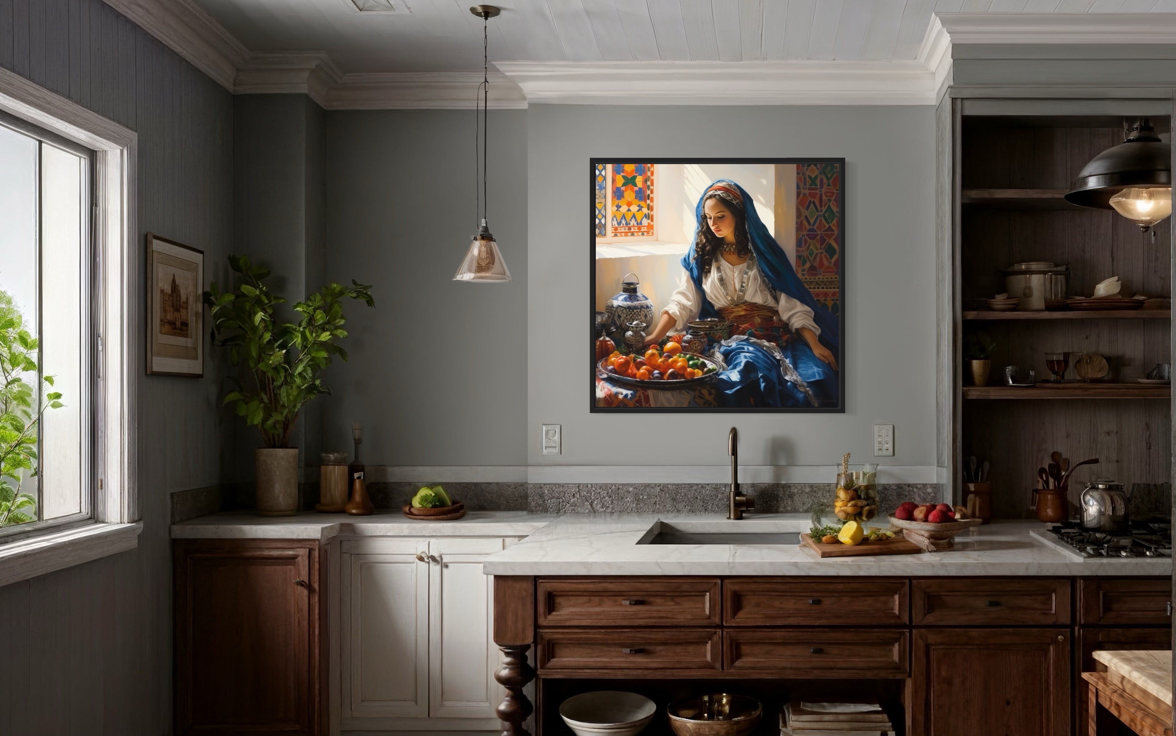 Moroccan Woman Wall Art - Colorful Fruit Canvas | Rustic Kitchen Decor