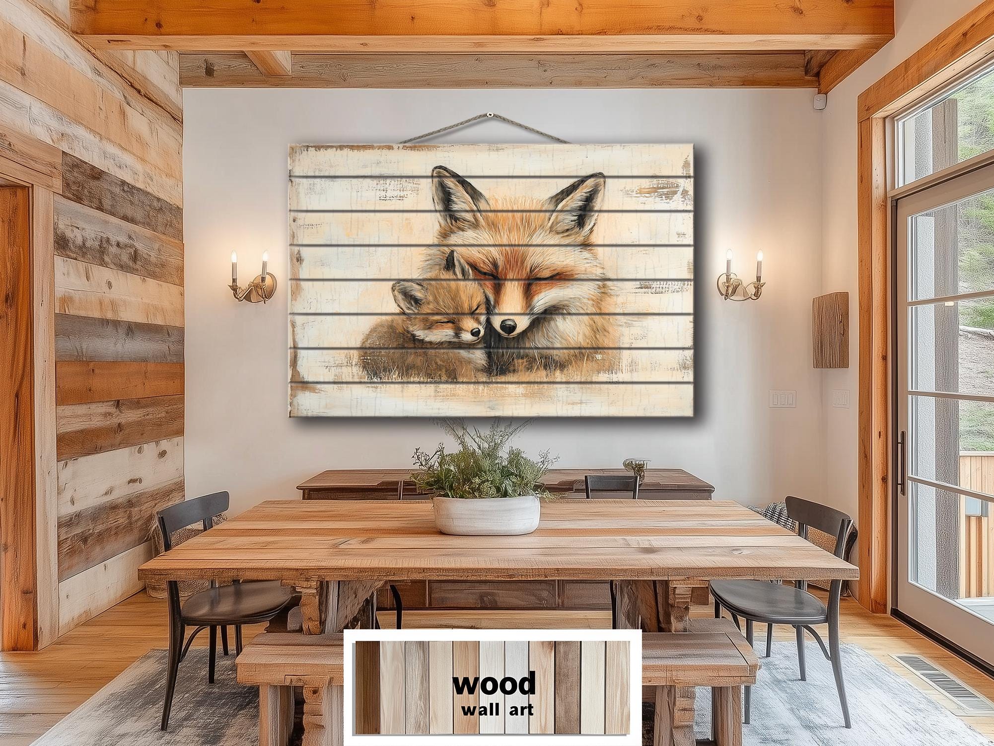 Mother Fox and Baby Fox Rustic Wood Wall Art For Cabin Decor