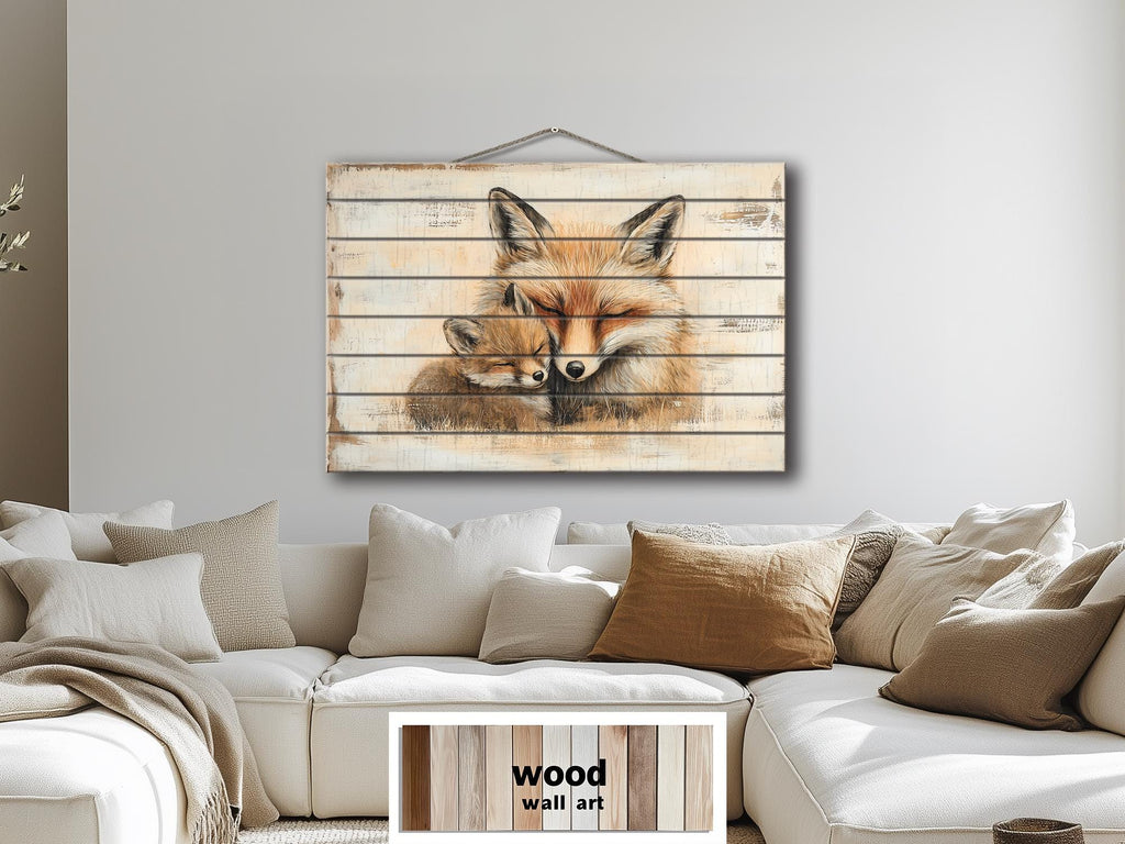Mother Fox and Baby Fox Rustic Wood Wall Art For Cabin Decor