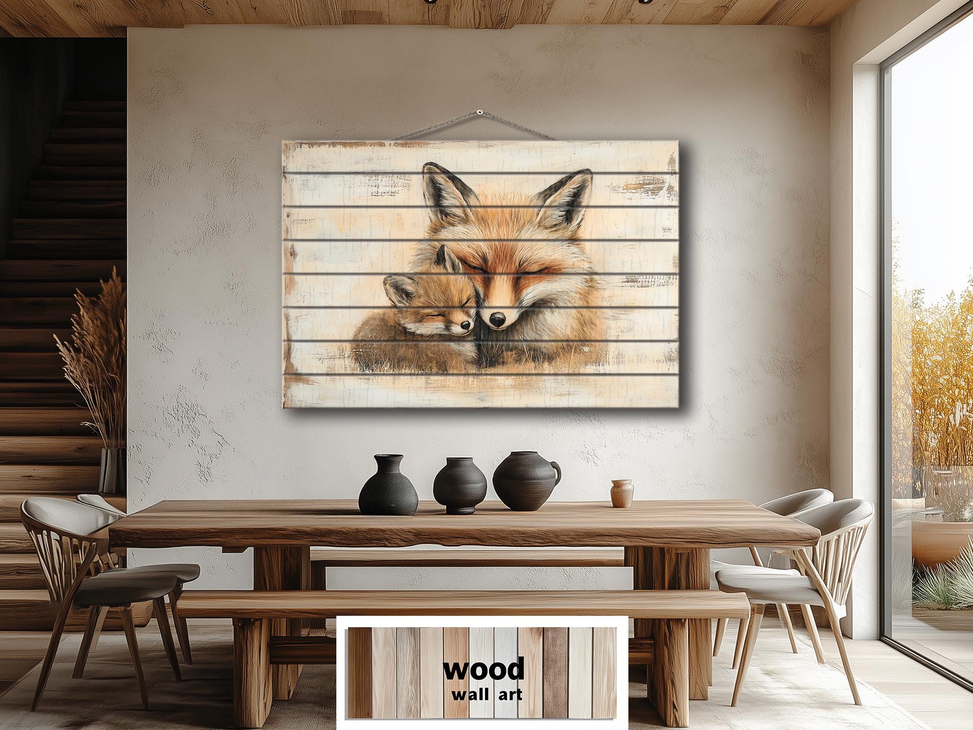 Mother Fox and Baby Fox Rustic Wood Wall Art For Cabin Decor