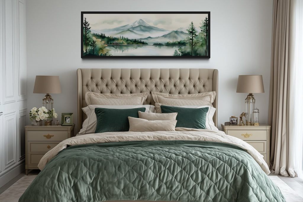 Mount Fuji And Lake Landscape Long Horizontal Framed Canvas Wall Art
