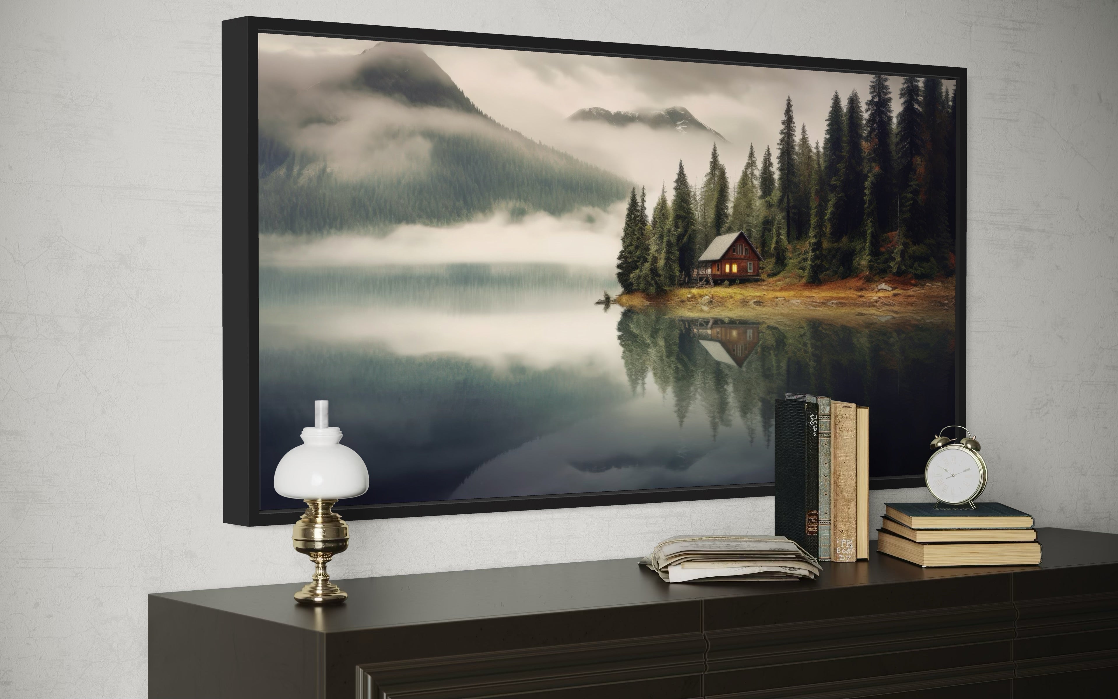 Mountain Cabin On The Lake Large Summer Landscape Framed Wall Art