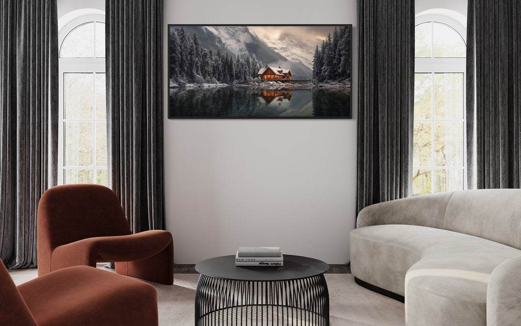 Mountain Cabin Wall Art – Cozy Winter Cabin Print | Framed Canvas Decor