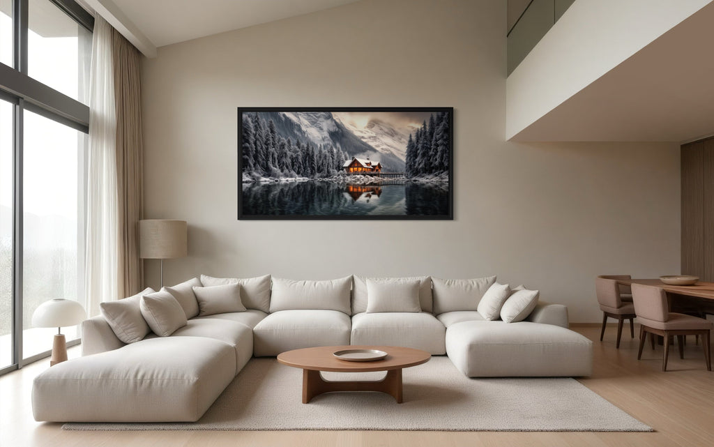 Mountain Cabin Wall Art – Cozy Winter Cabin Print | Framed Canvas Decor