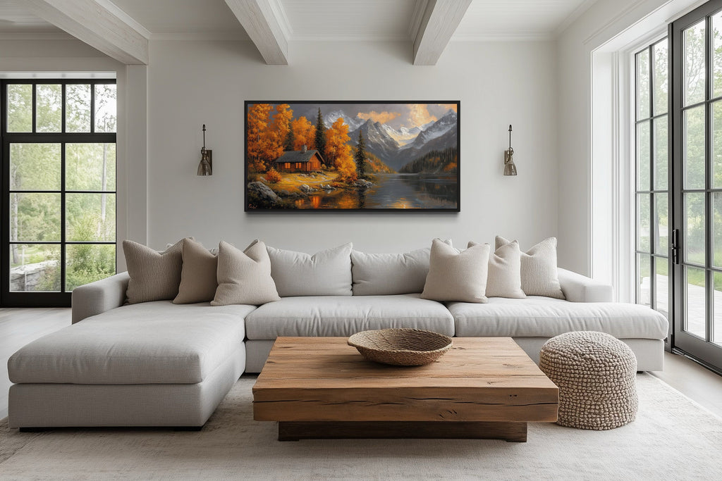 Mountain Cabin Wall Art – Rustic Cabin Canvas With Warm Autumn Colors