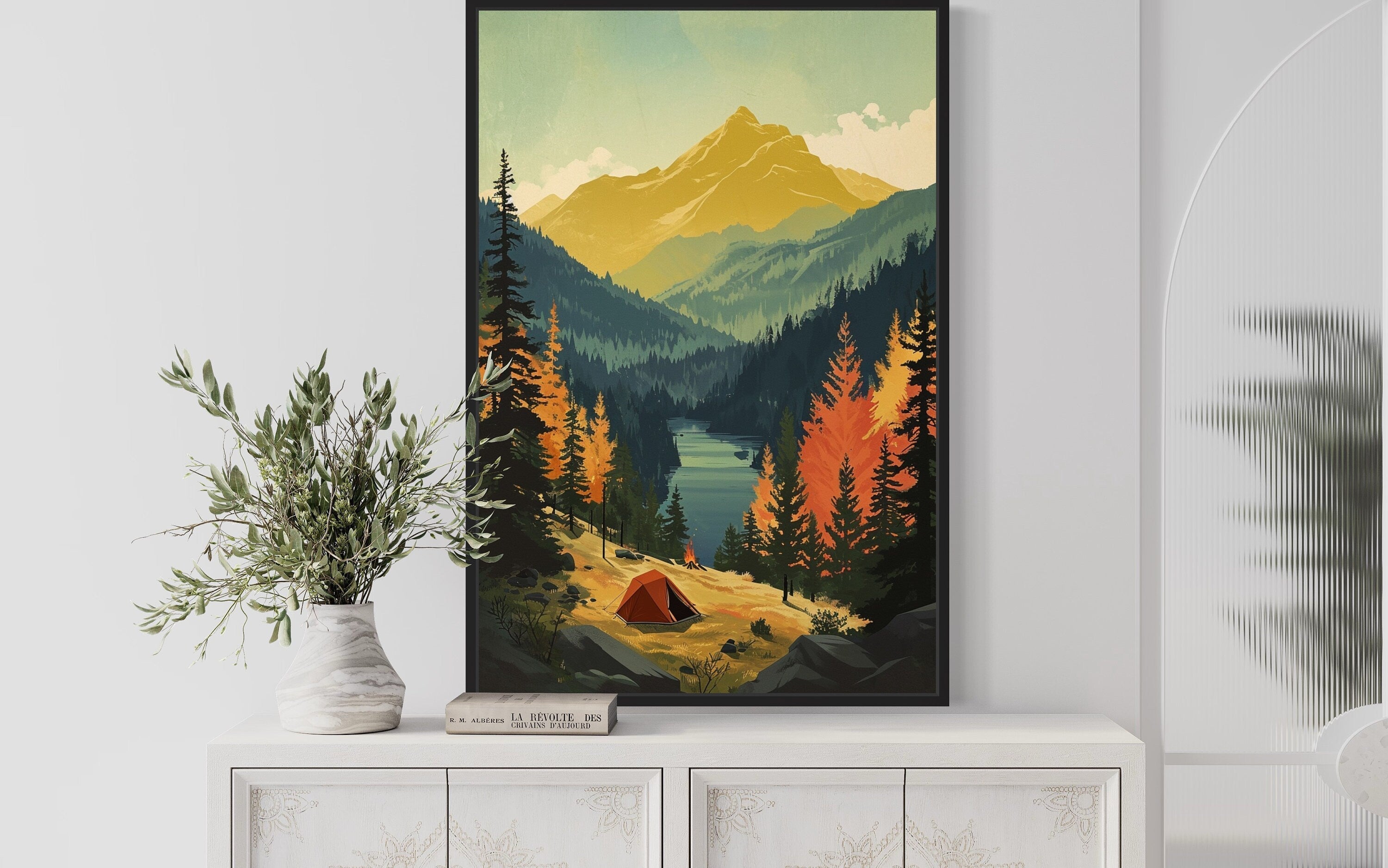 Mountain Lake Landscape Camping Tent Framed Canvas Wall Art