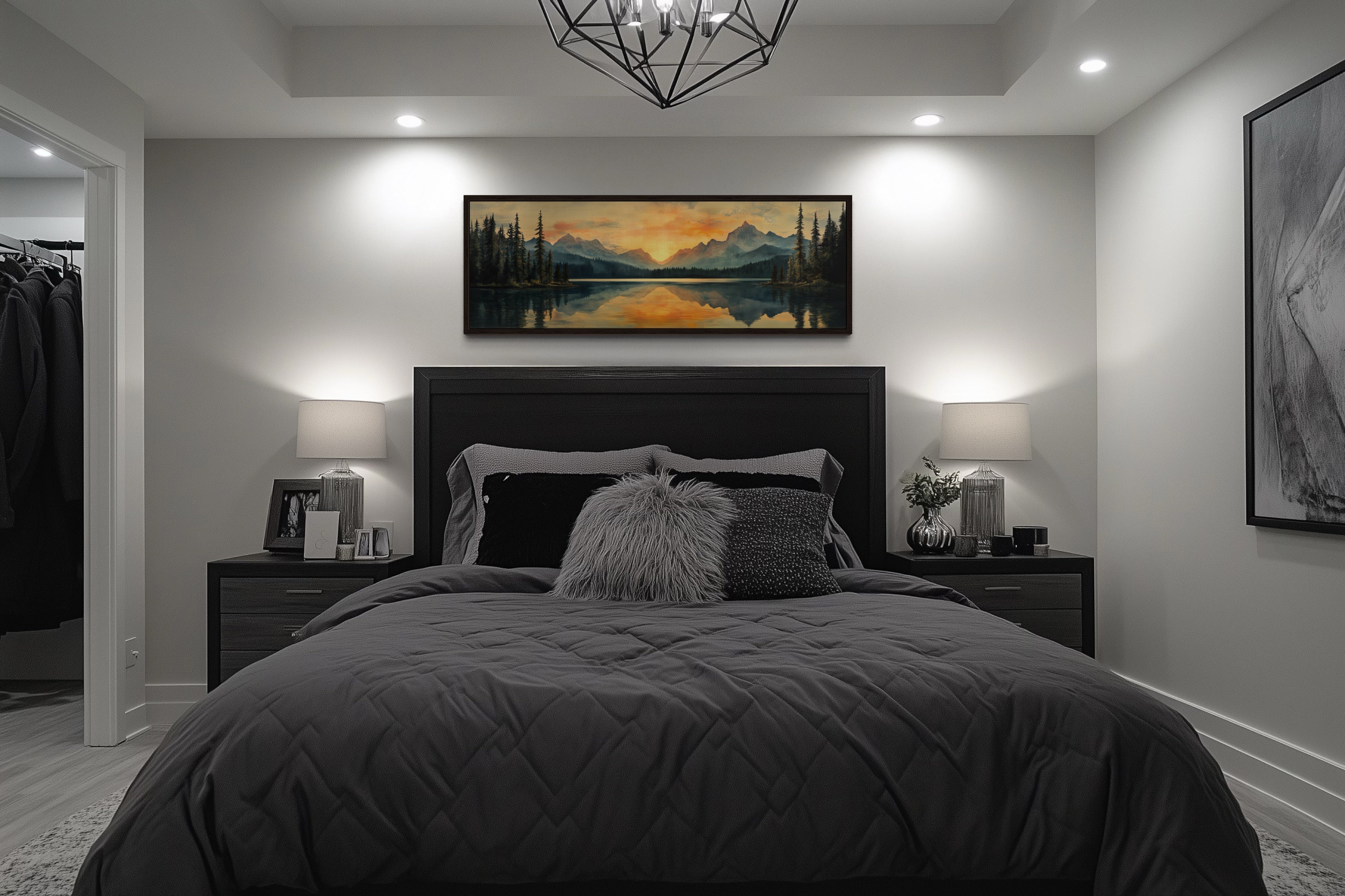 Mountain Lake Sunset Mid Century Modern Panoramic Wall Art