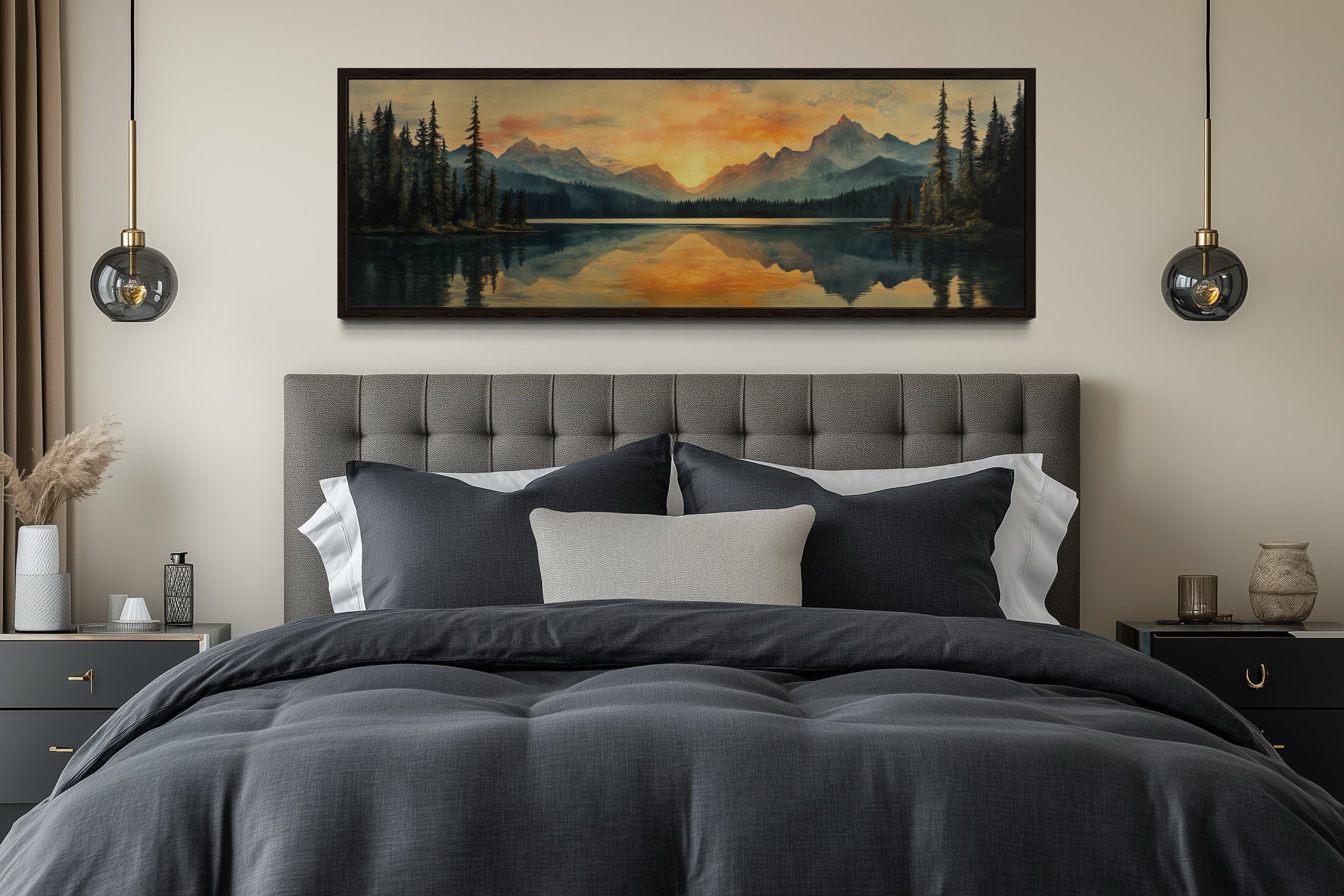 Mountain Lake Sunset Mid Century Modern Panoramic Wall Art