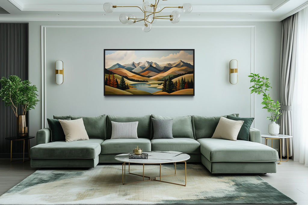 Mountain Lake Wall Art - Mid Century Modern Green Brown Canvas Print for Living Room