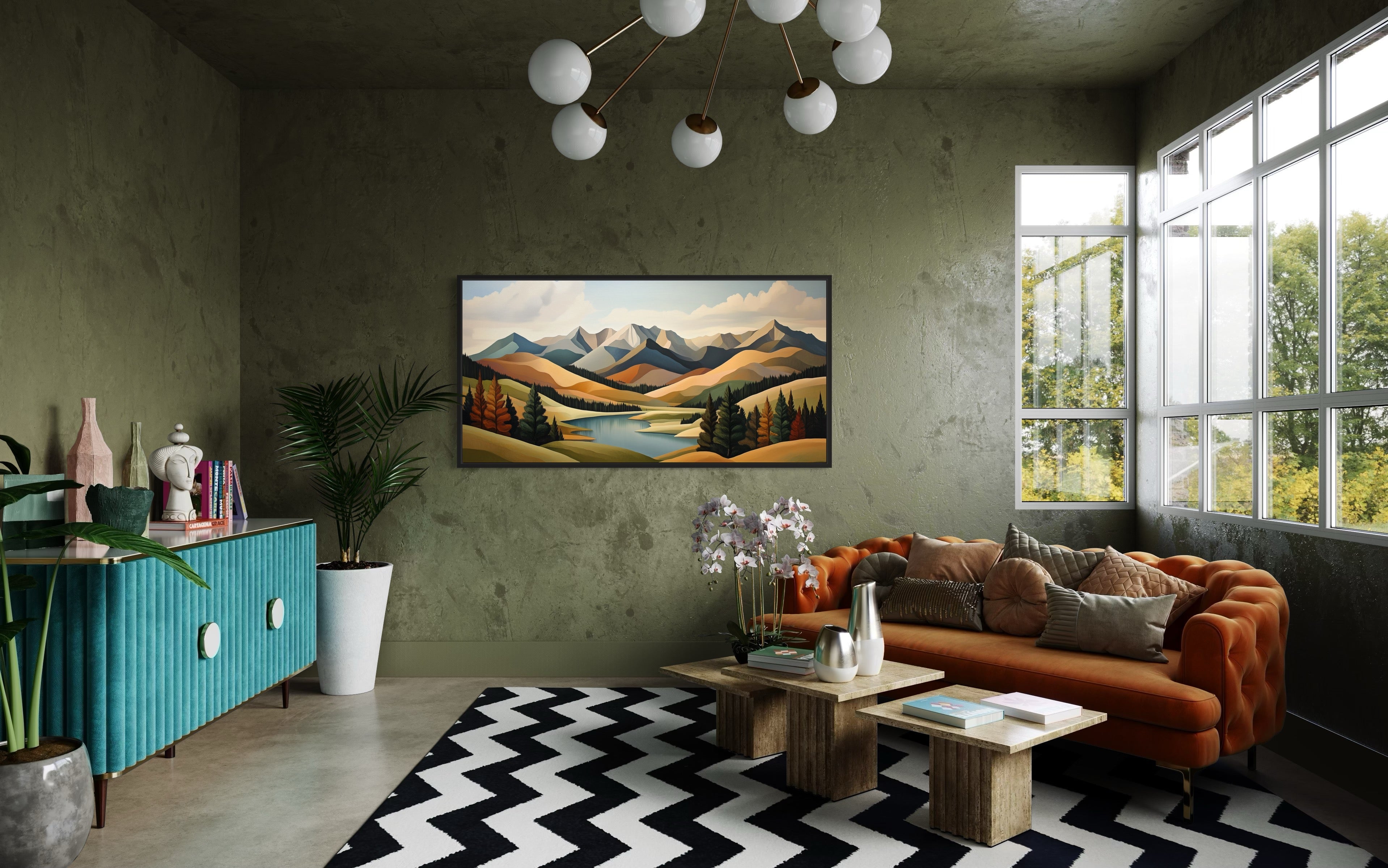Mountain Lake Wall Art - Mid Century Modern Green Brown Canvas Print for Living Room