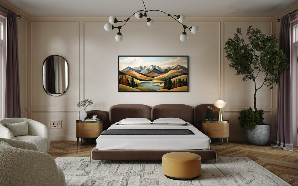 Mountain Lake Wall Art - Mid Century Modern Green Brown Canvas Print for Living Room