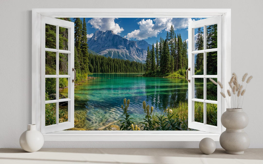 Mountain Lake Window View Canvas Wall Art