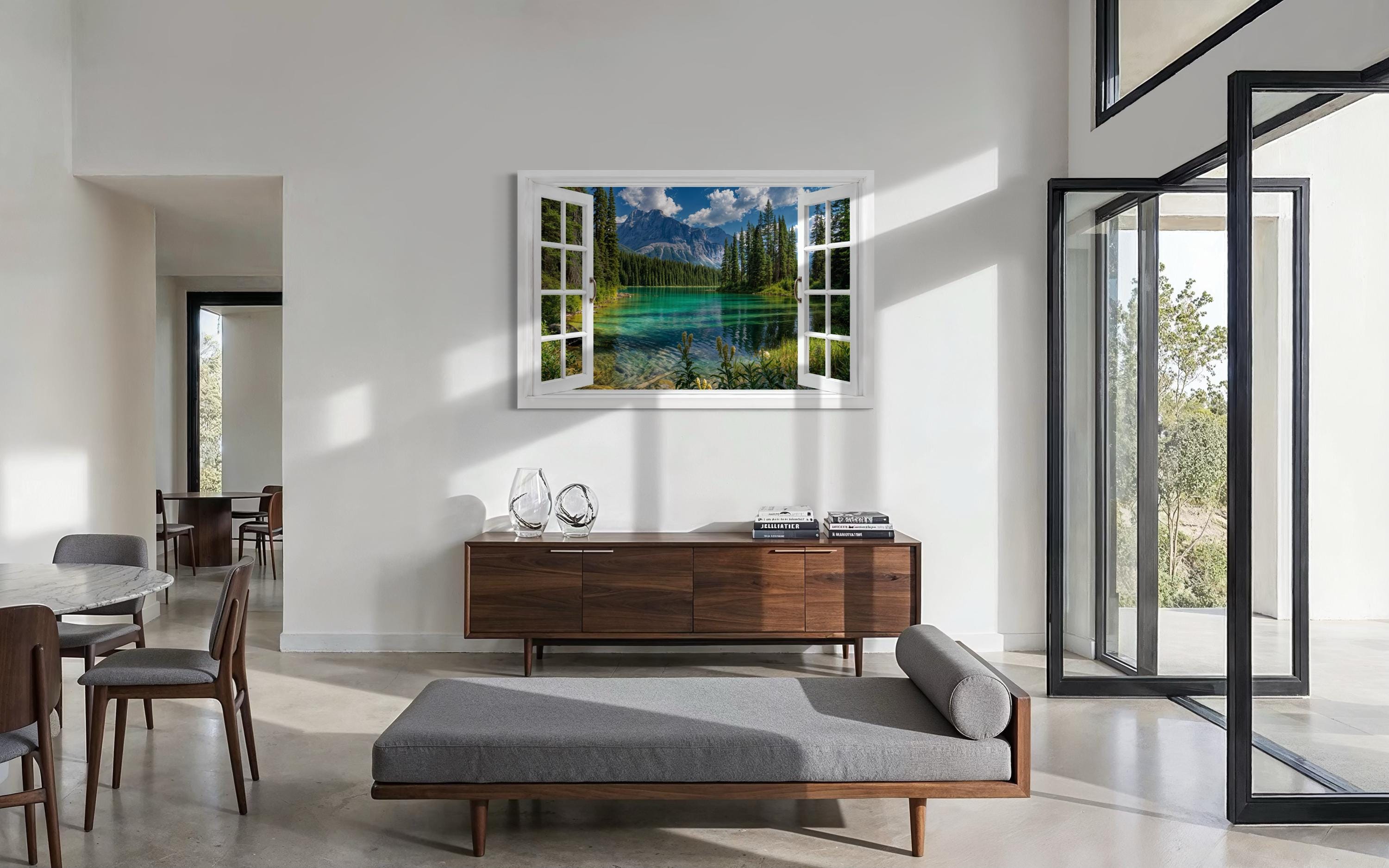 Mountain Lake Window View Canvas Wall Art
