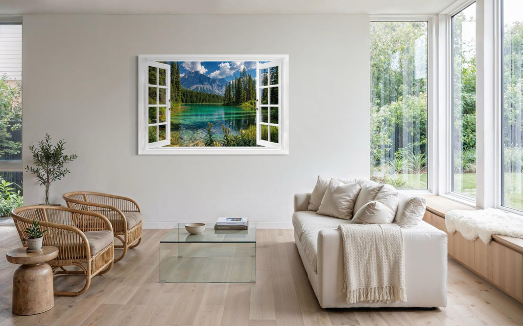 Mountain Lake Window View Canvas Wall Art