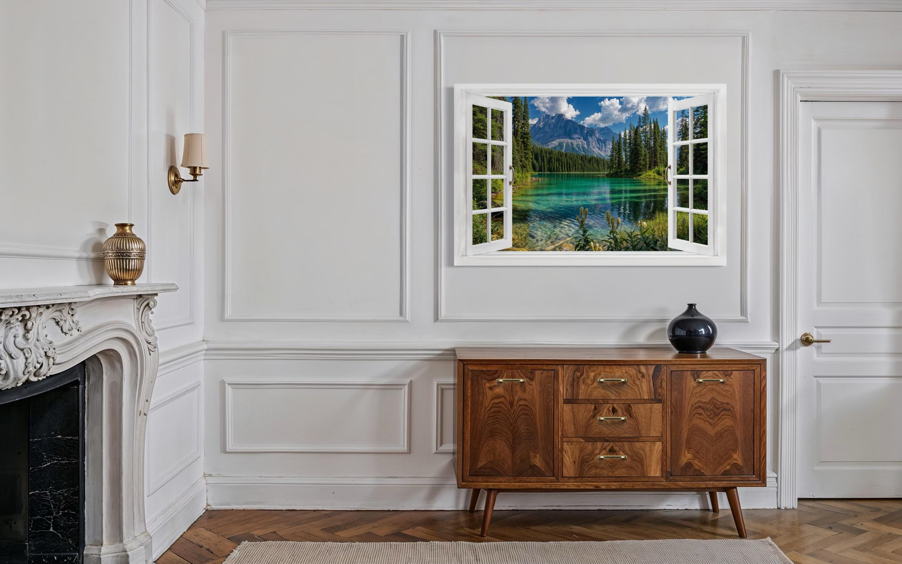 Mountain Lake Window View Canvas Wall Art