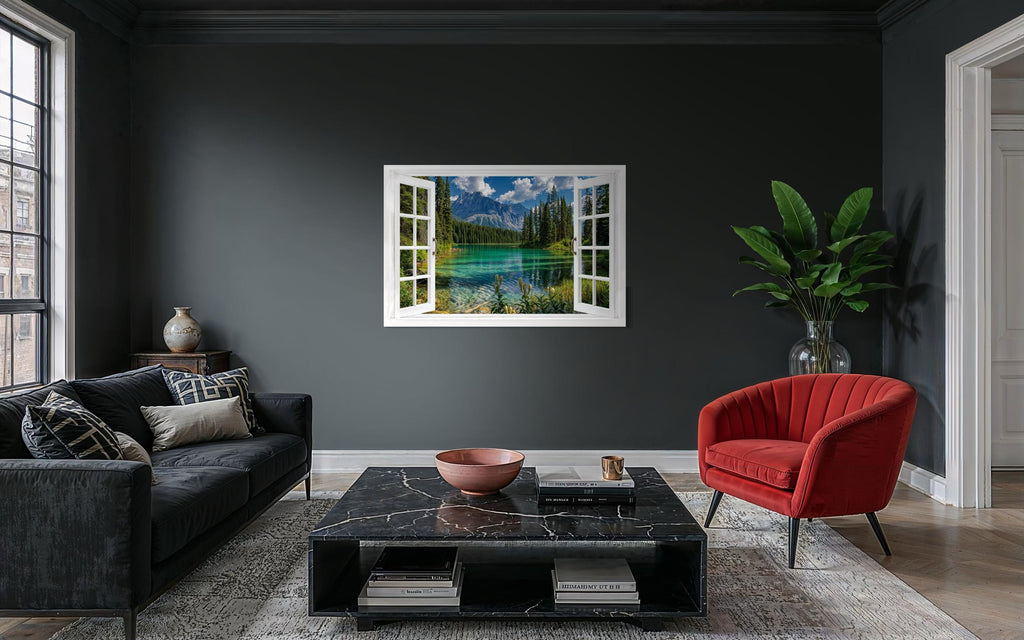 Mountain Lake Window View Canvas Wall Art
