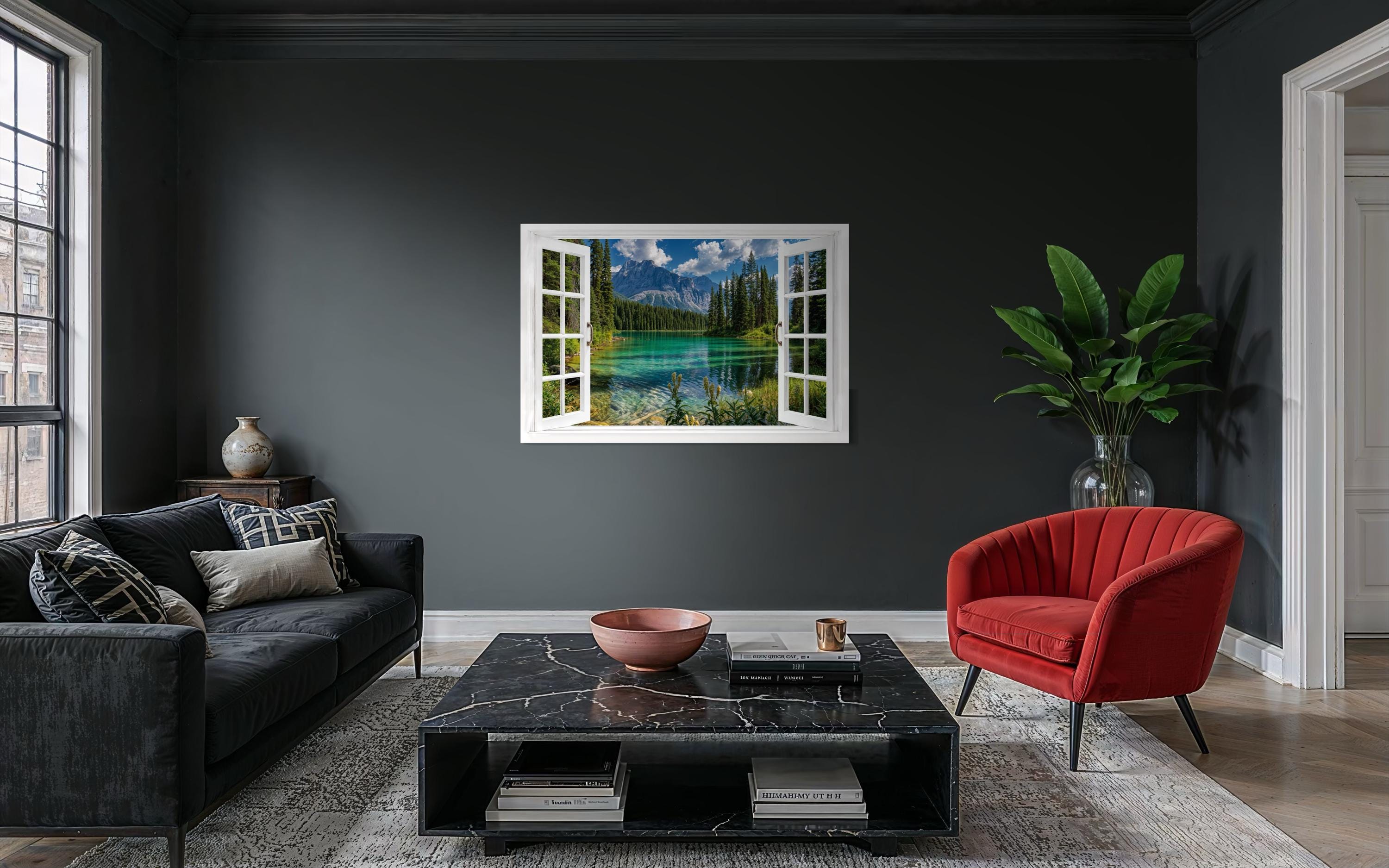 Mountain Lake Window View Canvas Wall Art