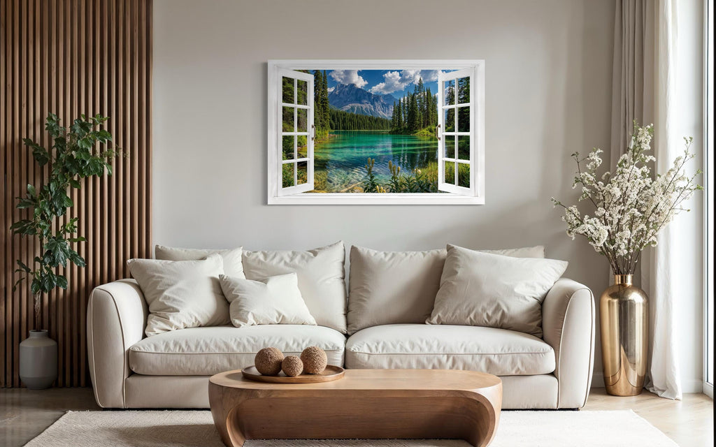 Mountain Lake Window View Canvas Wall Art