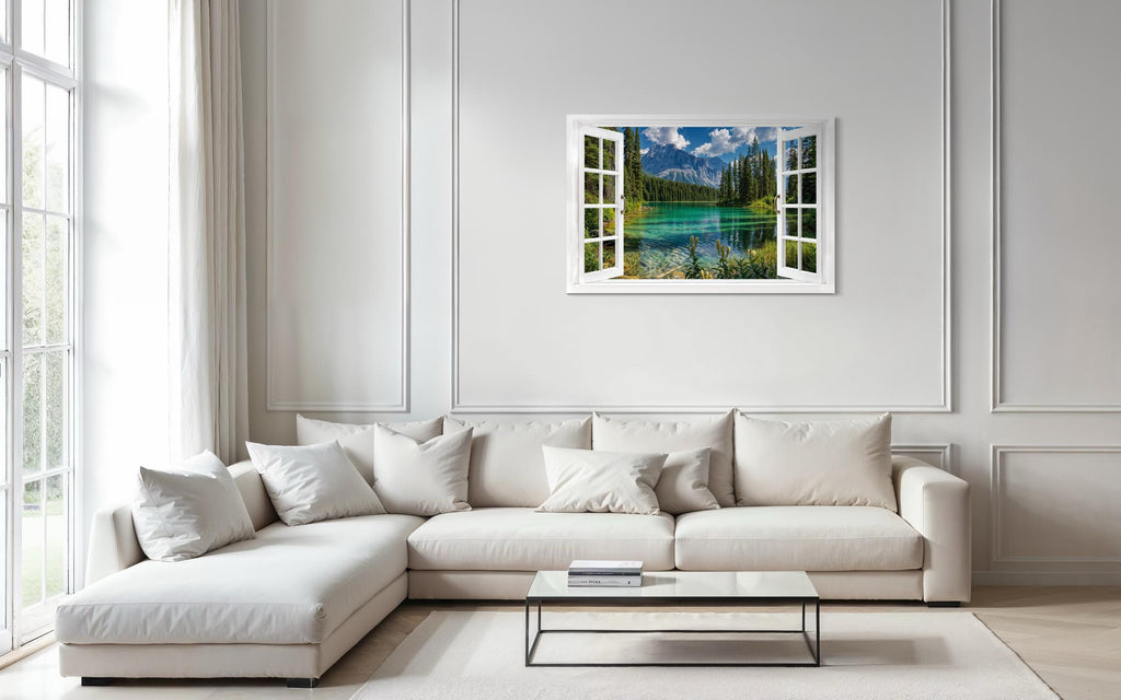 Mountain Lake Window View Canvas Wall Art