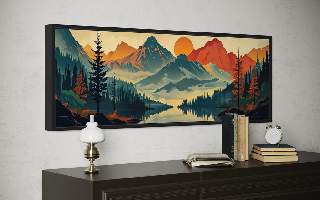 Mountains, Forest And Lake Mid Century Modern Horizontal Landscape Canvas Wall Art