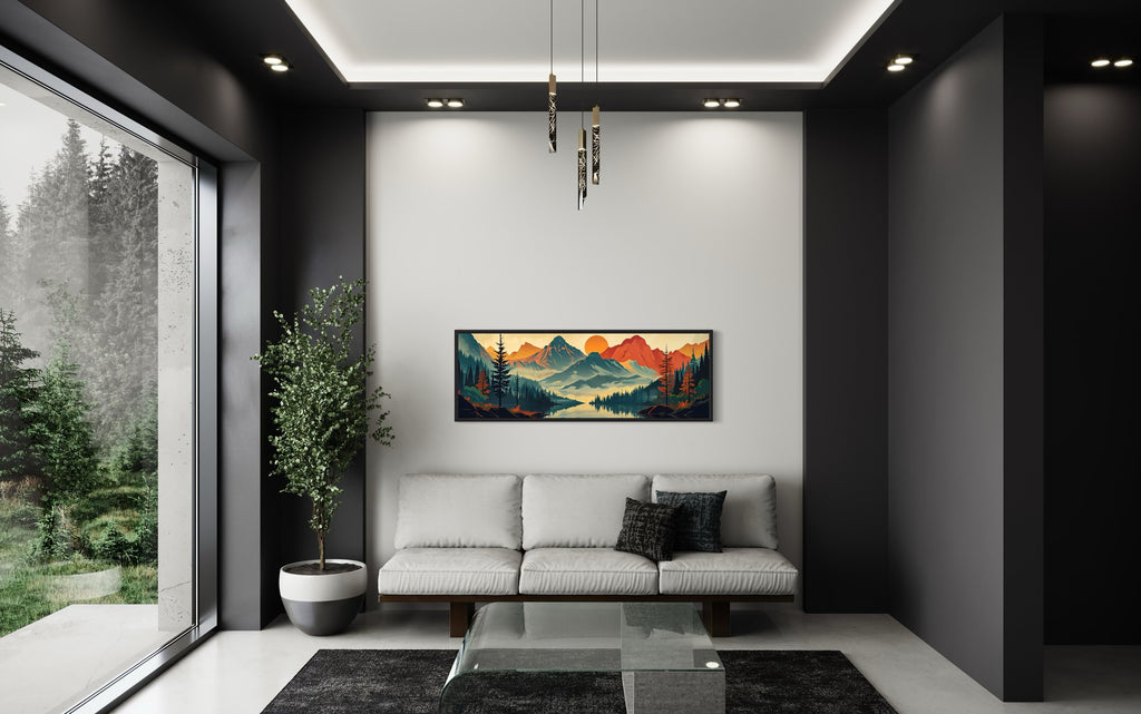 Mountains, Forest And Lake Mid Century Modern Horizontal Landscape Canvas Wall Art