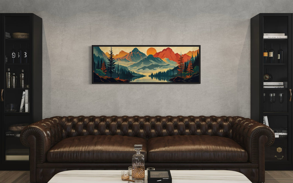 Mountains, Forest And Lake Mid Century Modern Horizontal Landscape Canvas Wall Art