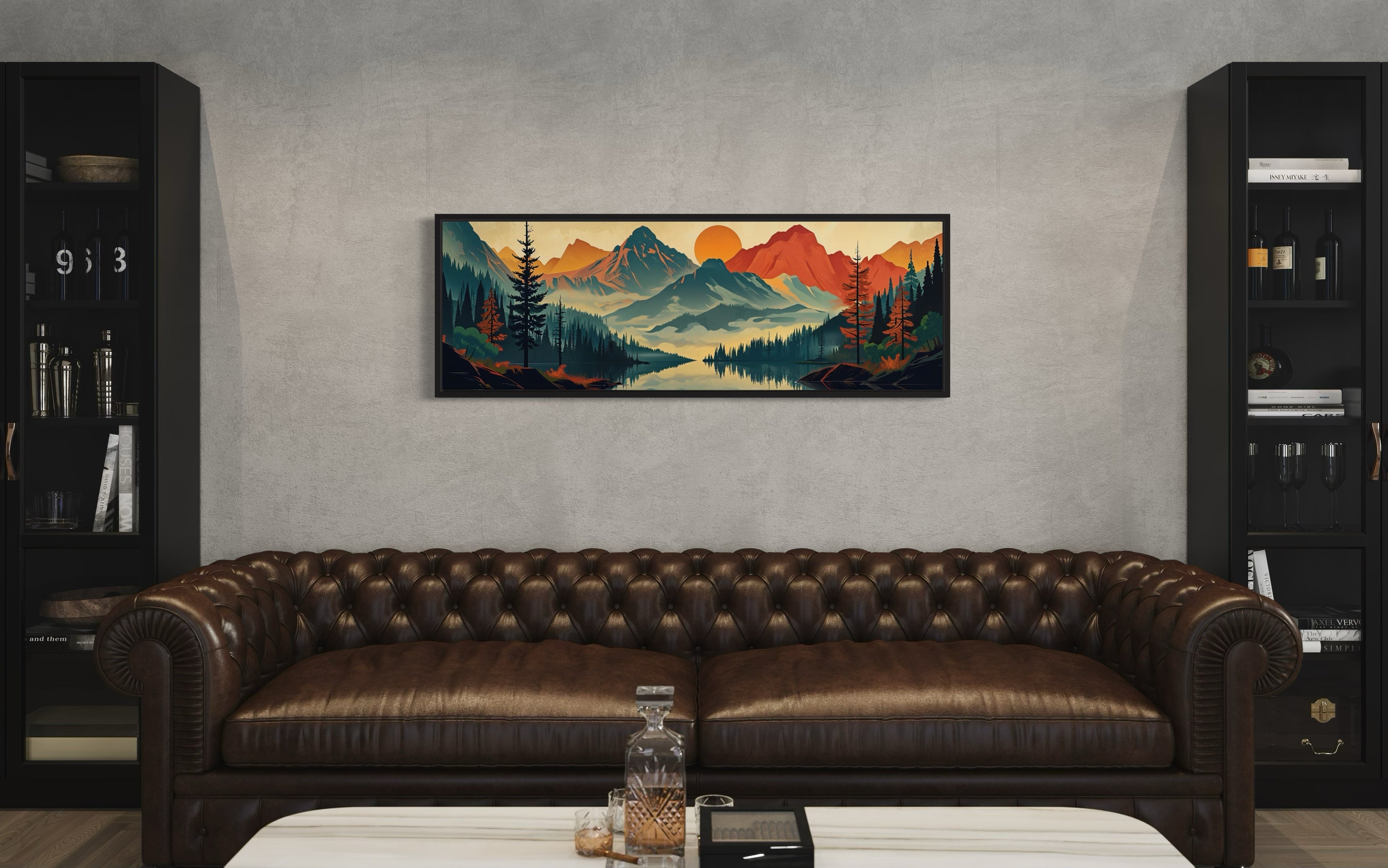 Mountains, Forest And Lake Mid Century Modern Horizontal Landscape Canvas Wall Art