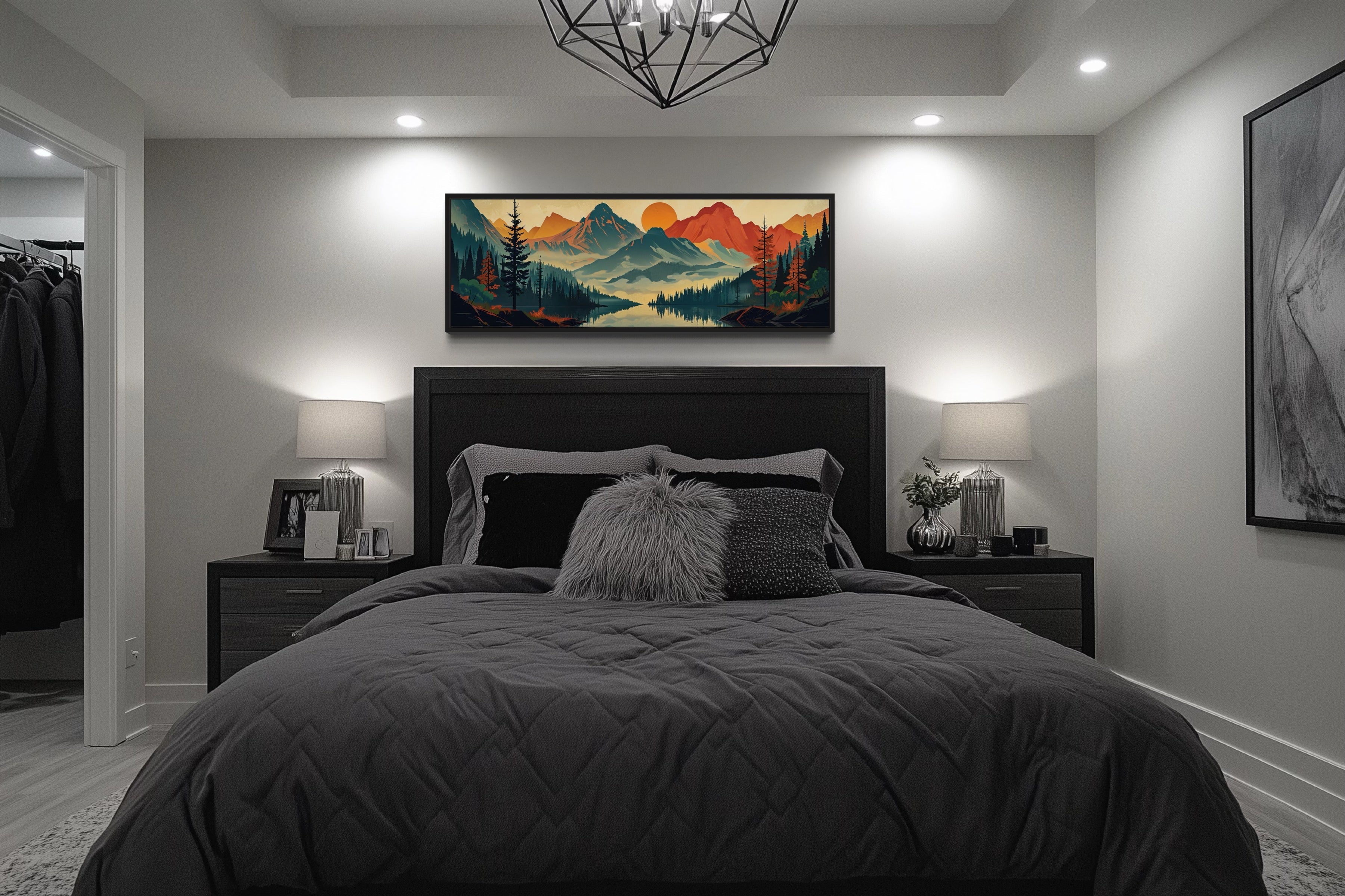 Mountains, Forest And Lake Mid Century Modern Horizontal Landscape Canvas Wall Art