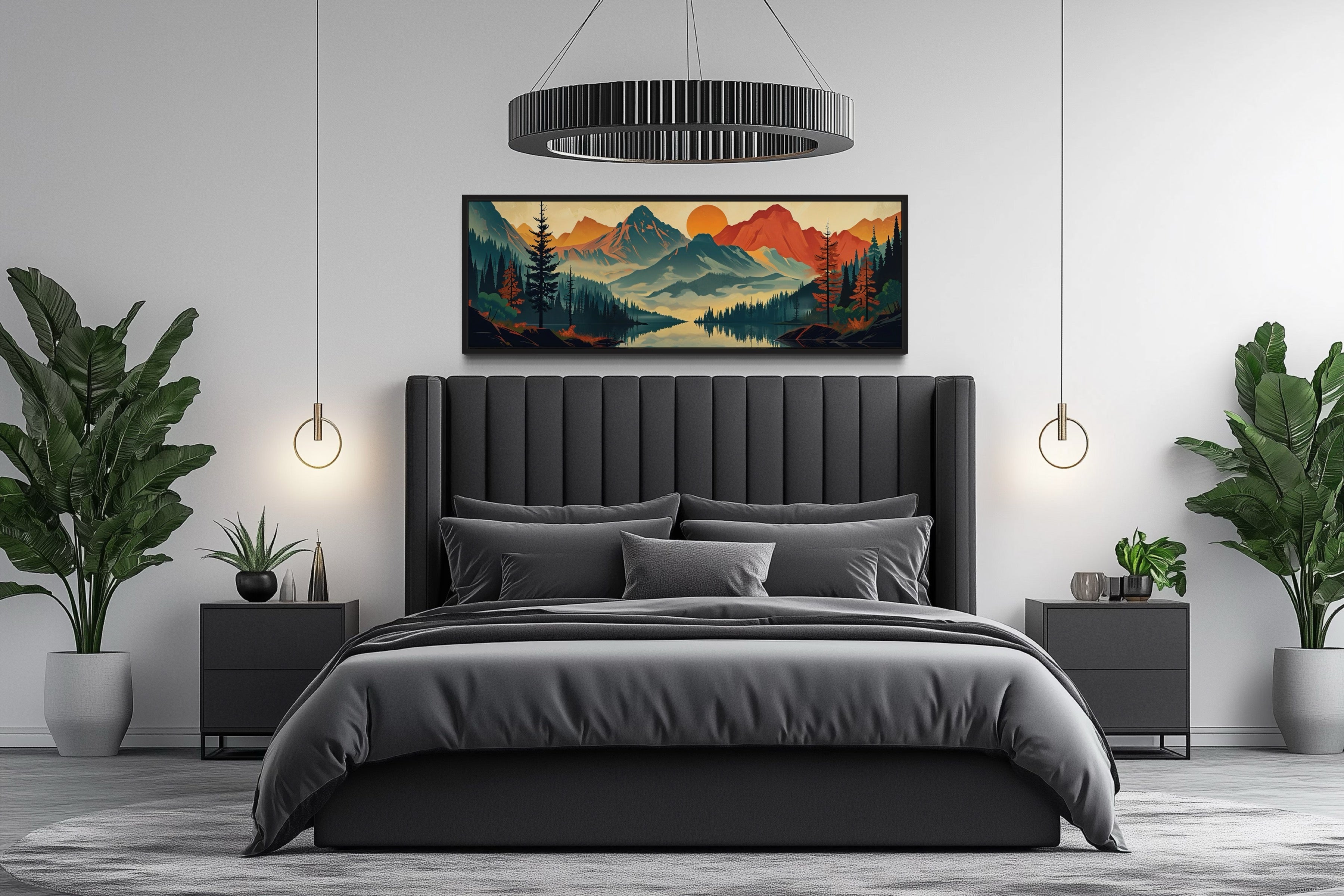 Mountains, Forest And Lake Mid Century Modern Horizontal Landscape Canvas Wall Art